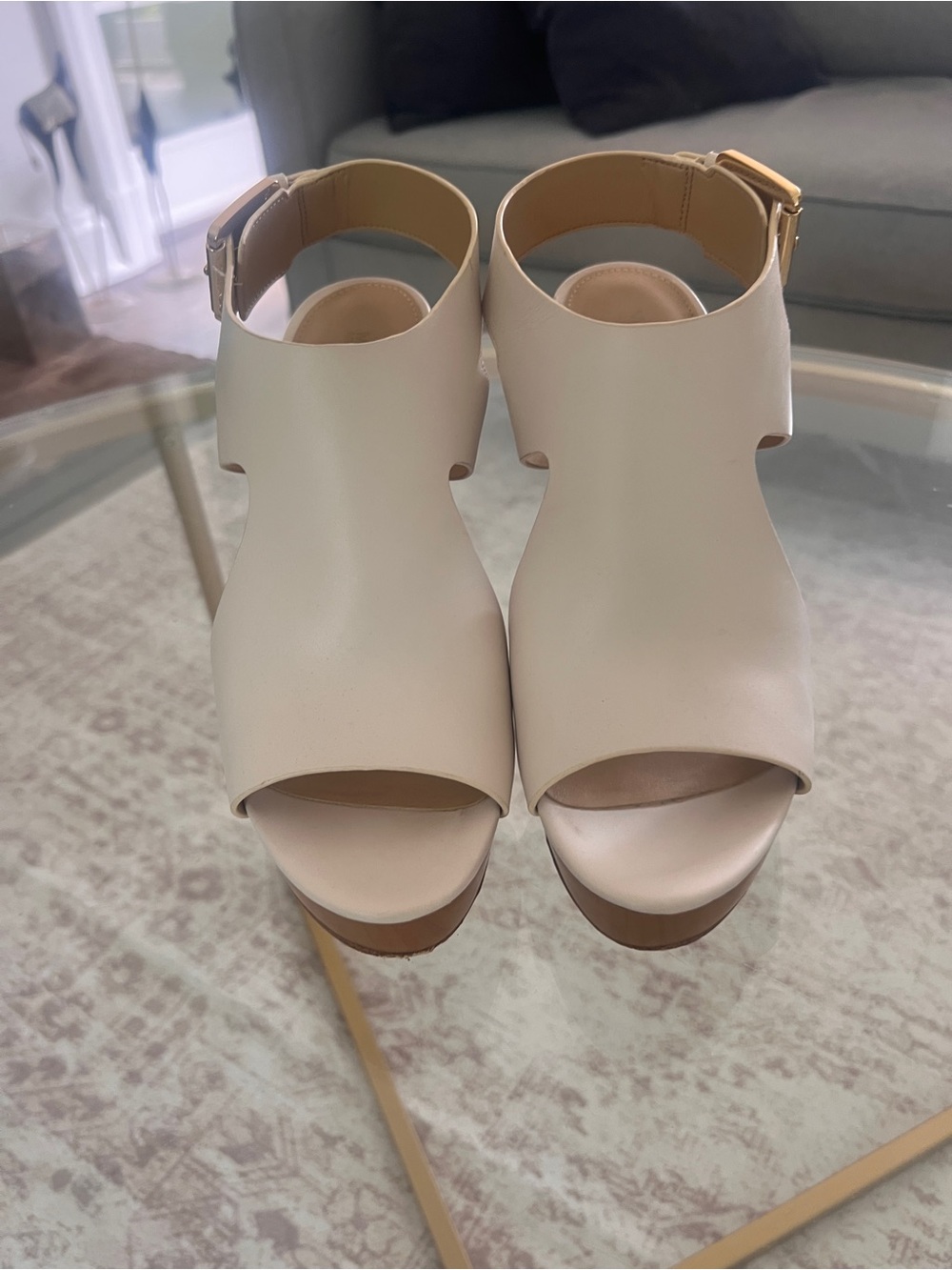 Michael Kors Cream Leather Platform Wedges with Gold Buckle - Picture 3 of 4